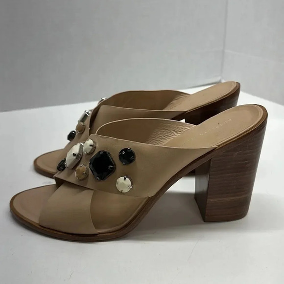 Loeffler Randall Etta Tan Leather Jeweled Block Heel Open Peep Toe Mules Size 11 - Picture 4 of 10